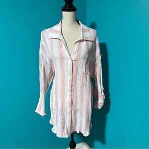 NWT Coastal Comfort L Pink White Striped Cotton Button Down Casual Tunic Top